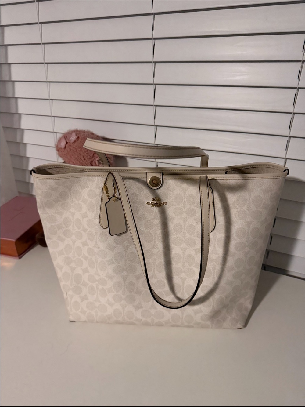 Coach Cream Signature Canvas Tote with Leather Trim